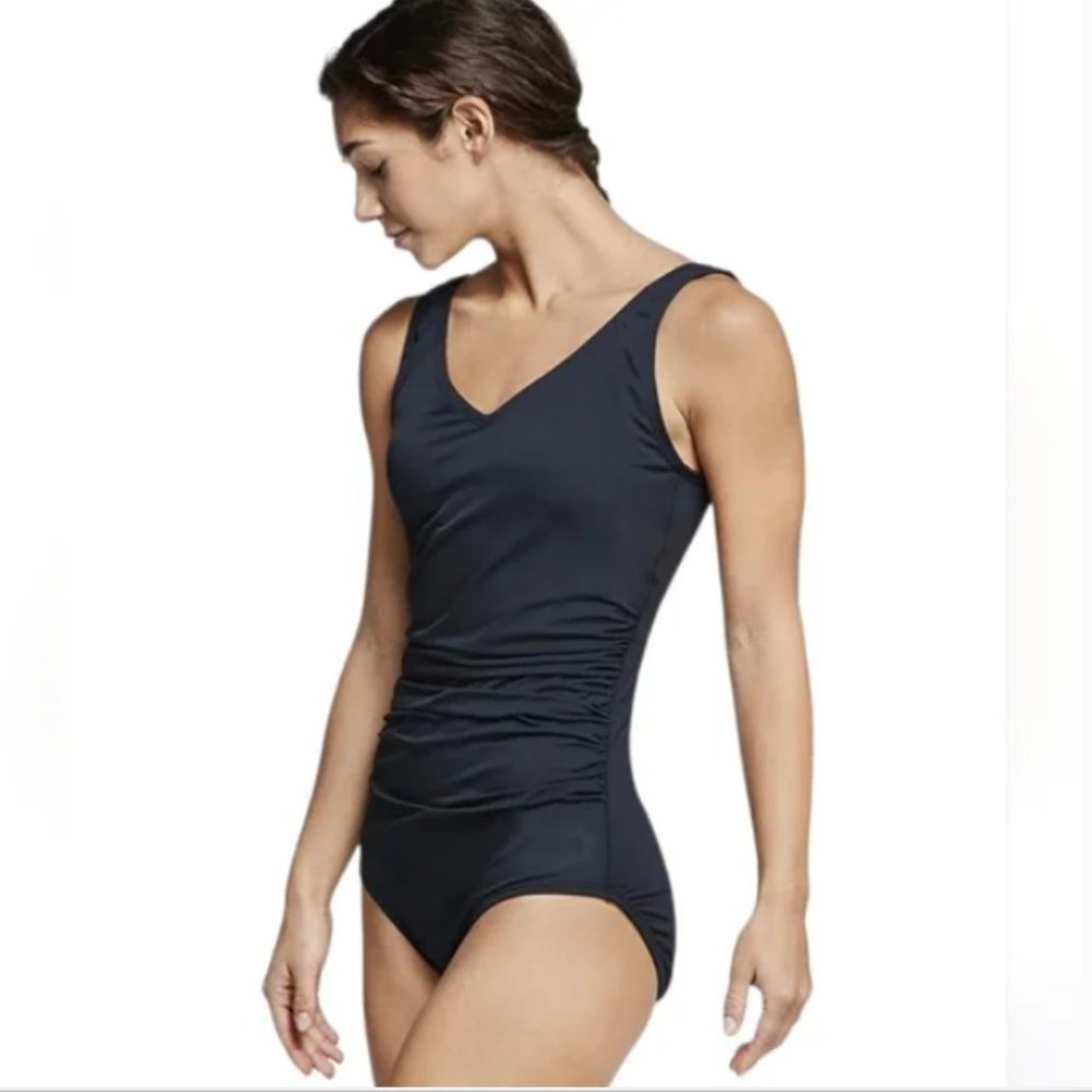 Speedo One Piece Single Side Ruched V Neck Black Swimsuit, size 12